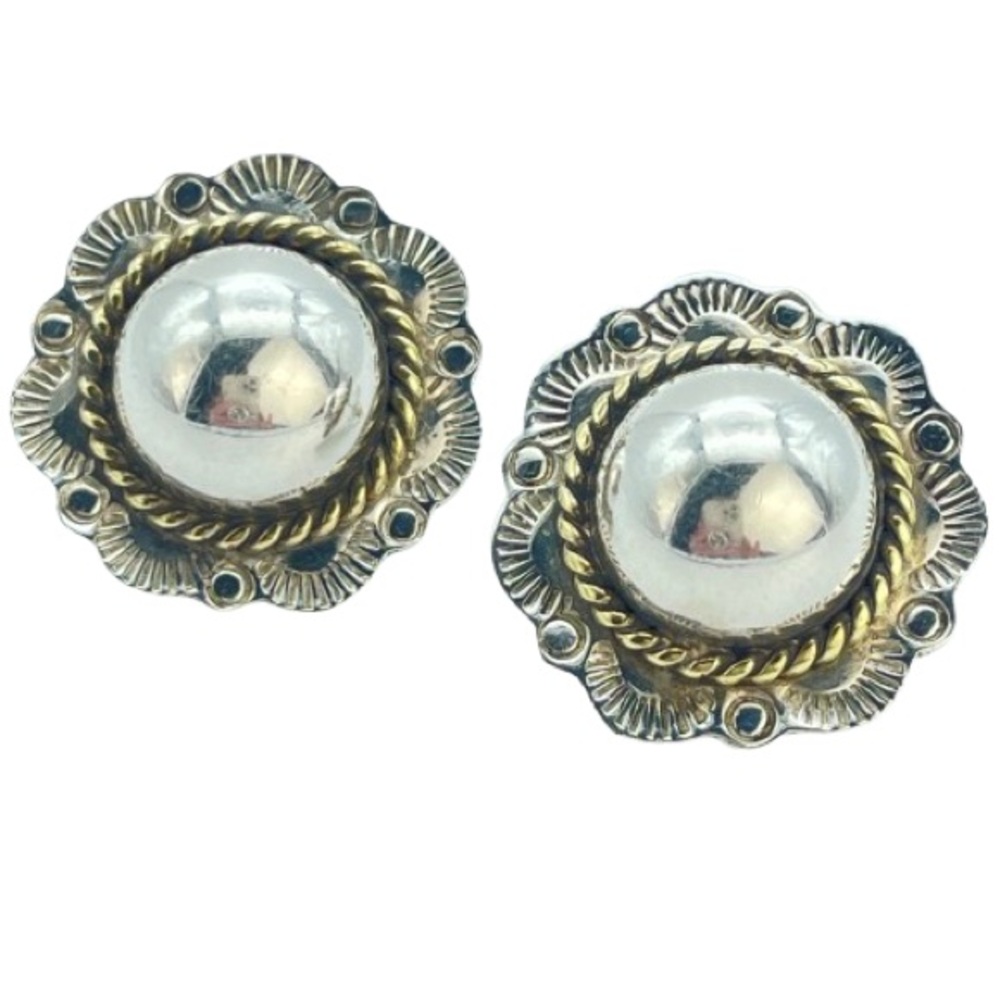 Silver Vintage Taxco Navajo Dome Round Pierced Earrings 925 Mexico Sterling
